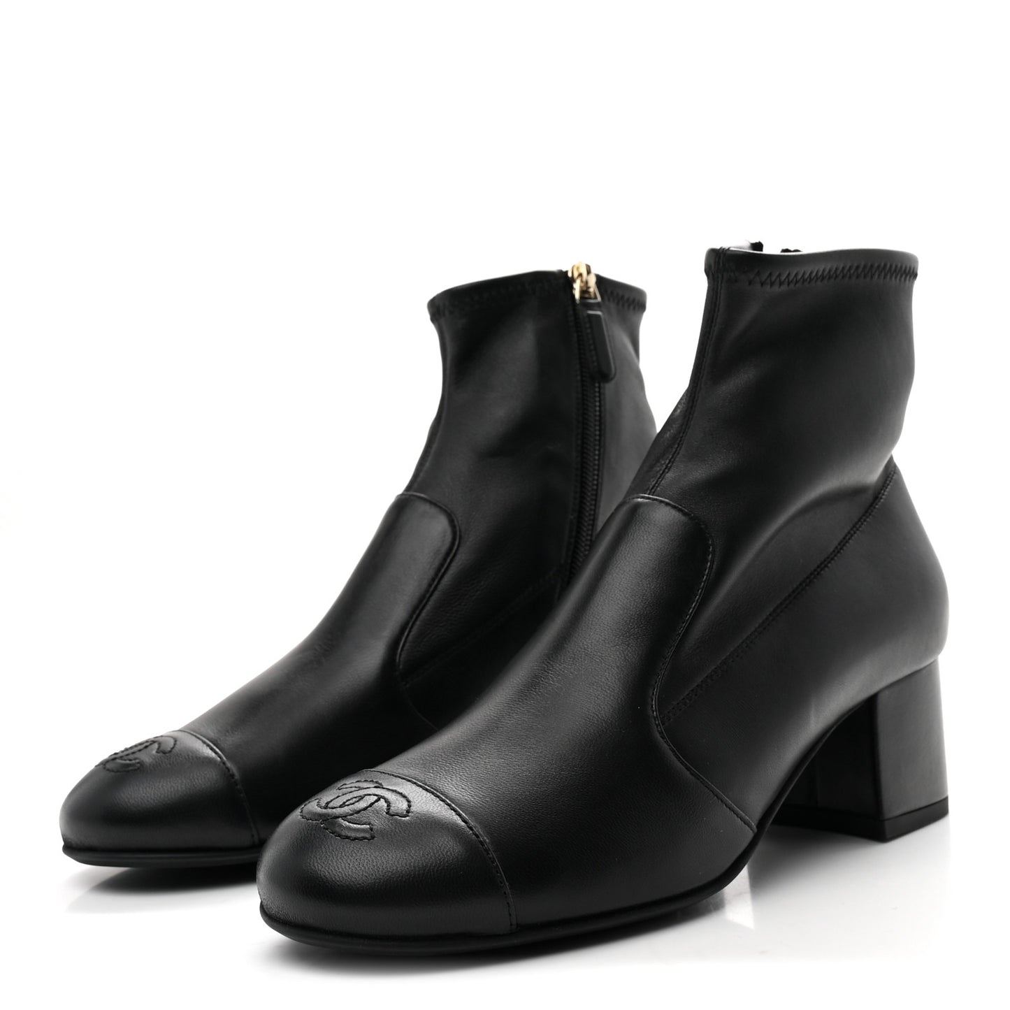 Stretch Lambskin Cap Toe CC Short Boots 37.5 Black