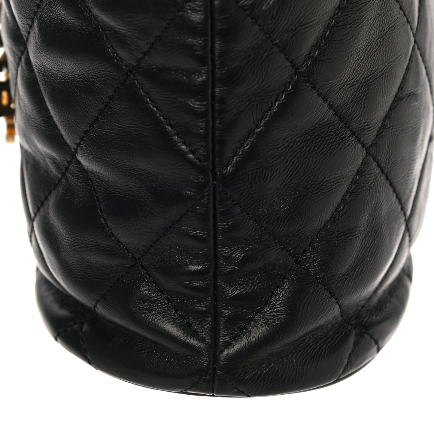 Lambskin Enamel Quilted Pending CC Bucket Drawstring Bag Black