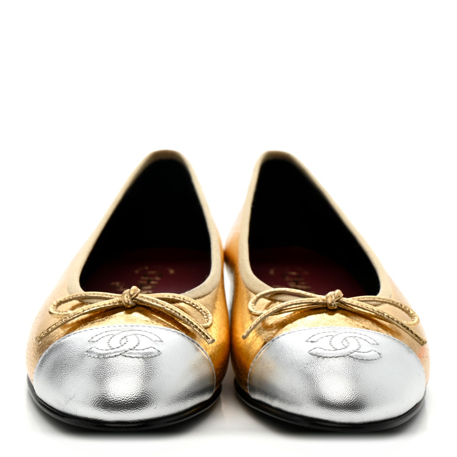 Chanel Crackled Laminated Calfskin CC Cap Toe Ballerina Flats 36.5