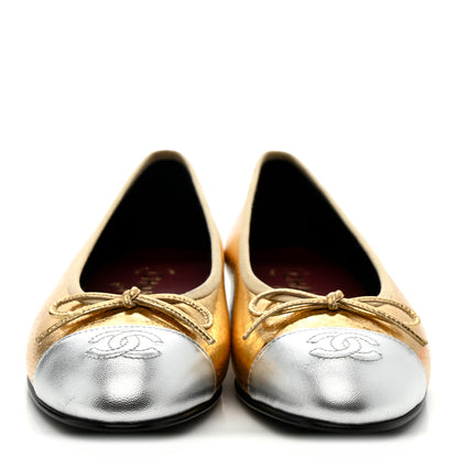 Chanel Crackled Laminated Calfskin CC Cap Toe Ballerina Flats 36.5 Gold Silver 3 of 10