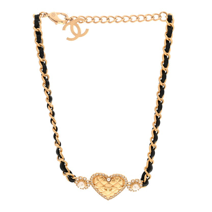 Chanel Metal Lambskin Glass Pearl Strass Heart Choker Gold Black 3 of 6