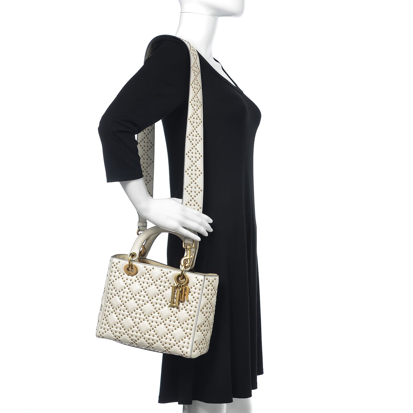 Calfskin Cannage Studded Medium Supple Lady Dior White