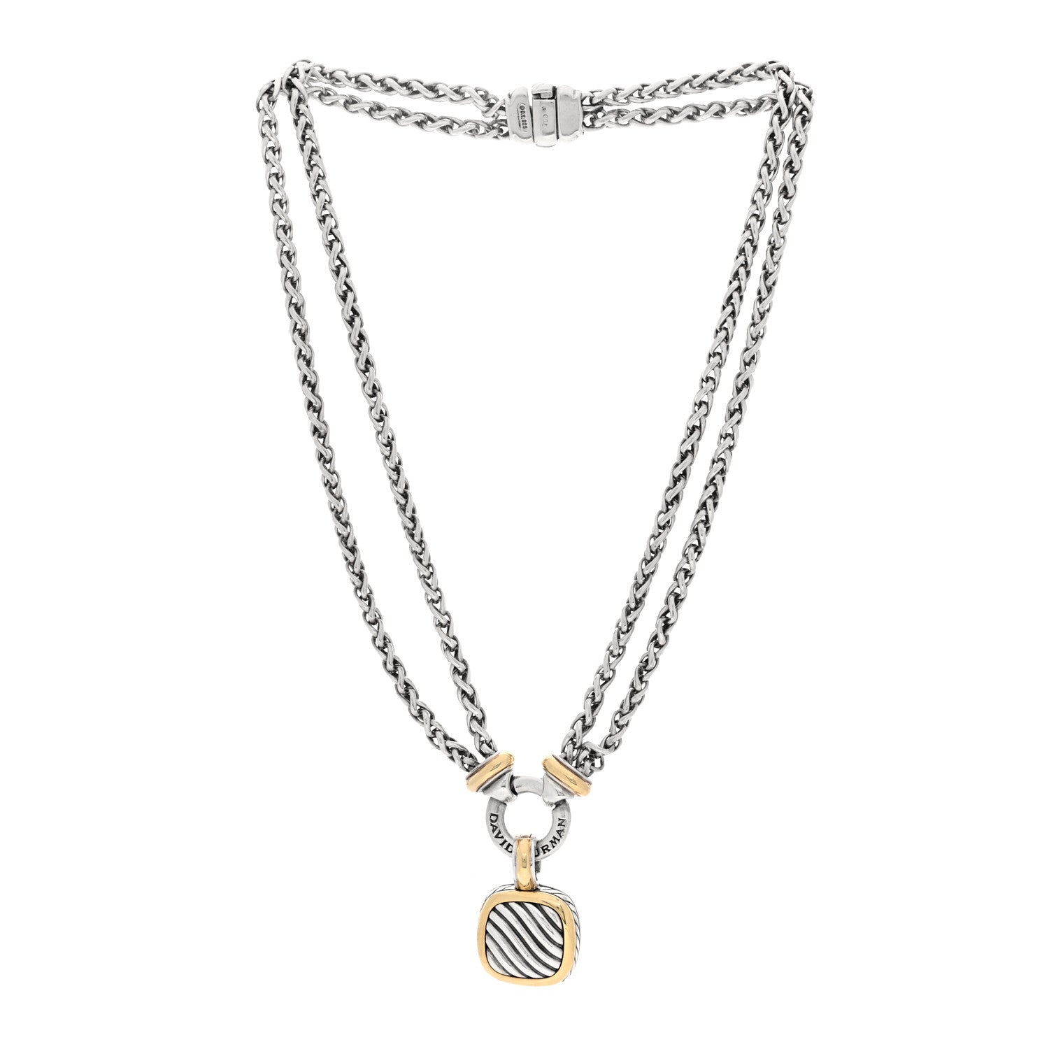 David Yurman Sterling Silver 18K Yellow Gold Sculpted Cable Pendant Double Wheat Chain Necklace 3 of 4