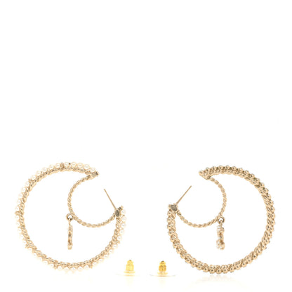 Chanel Crystal Pearl CC Drop Hoop Earrings Gold Pearly White 4 of 6