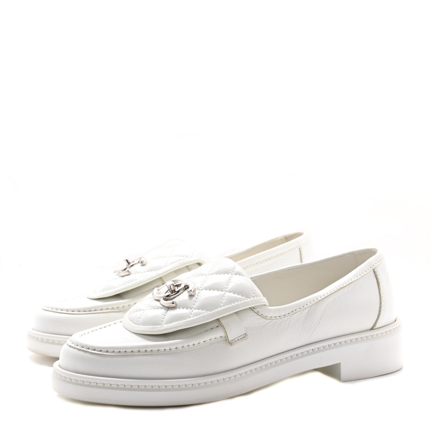 Shiny Lambskin Quilted CC Turnlock Loafers 37 White