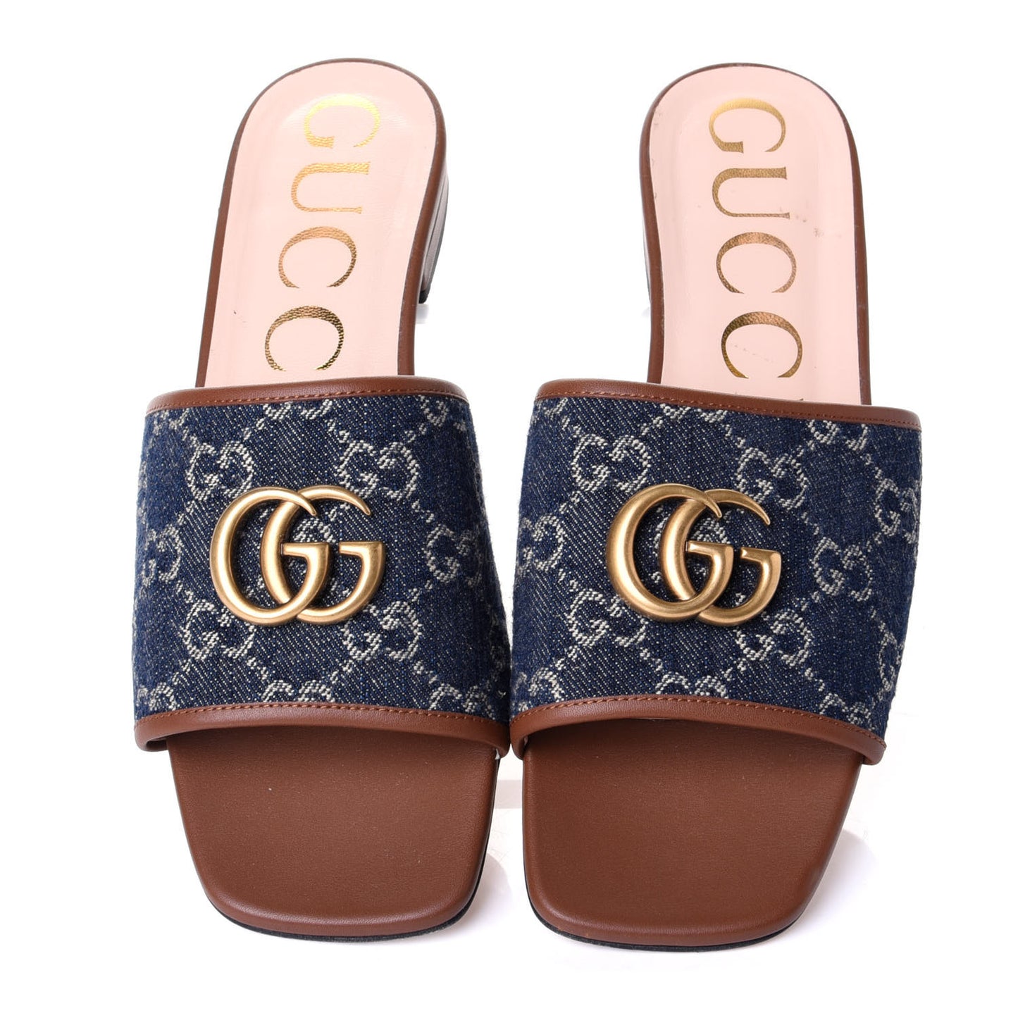 New Denim GG Monogram Miro Soft Calfskin Jolie Slide Sandals 38 Blue Tea Cuir Epilog