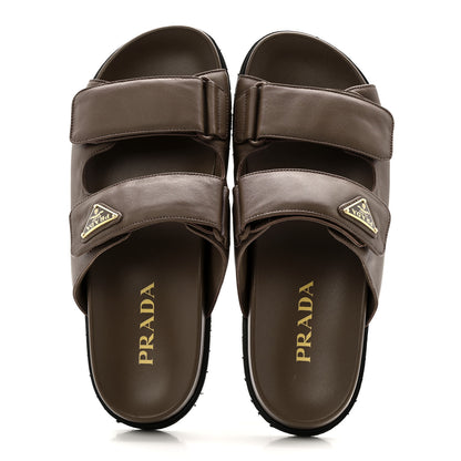 Prada Nappa Logo Velcro Strap Slide Sandals 38.5 Cacao 2 of 11