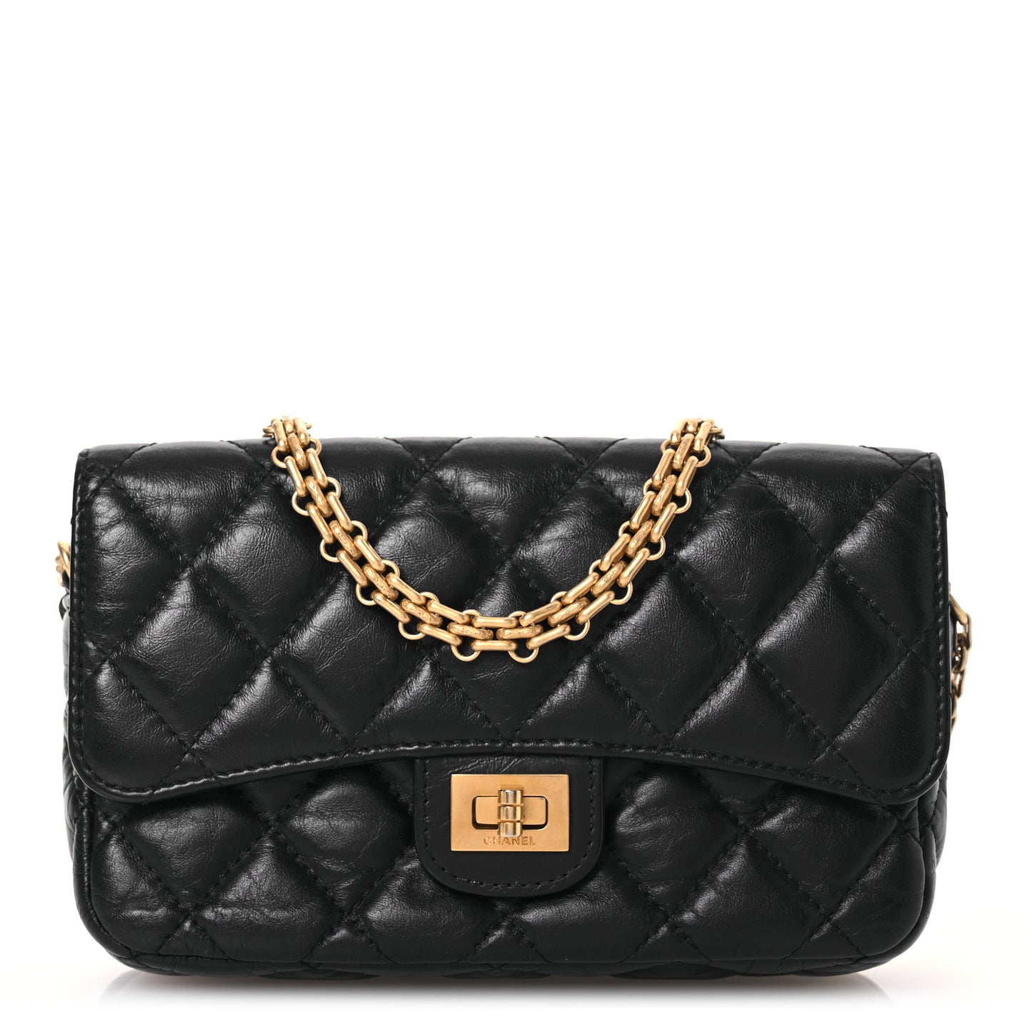 Aged Calfskin Quilted Reissue 2.55 Phone Holder With Chain Black