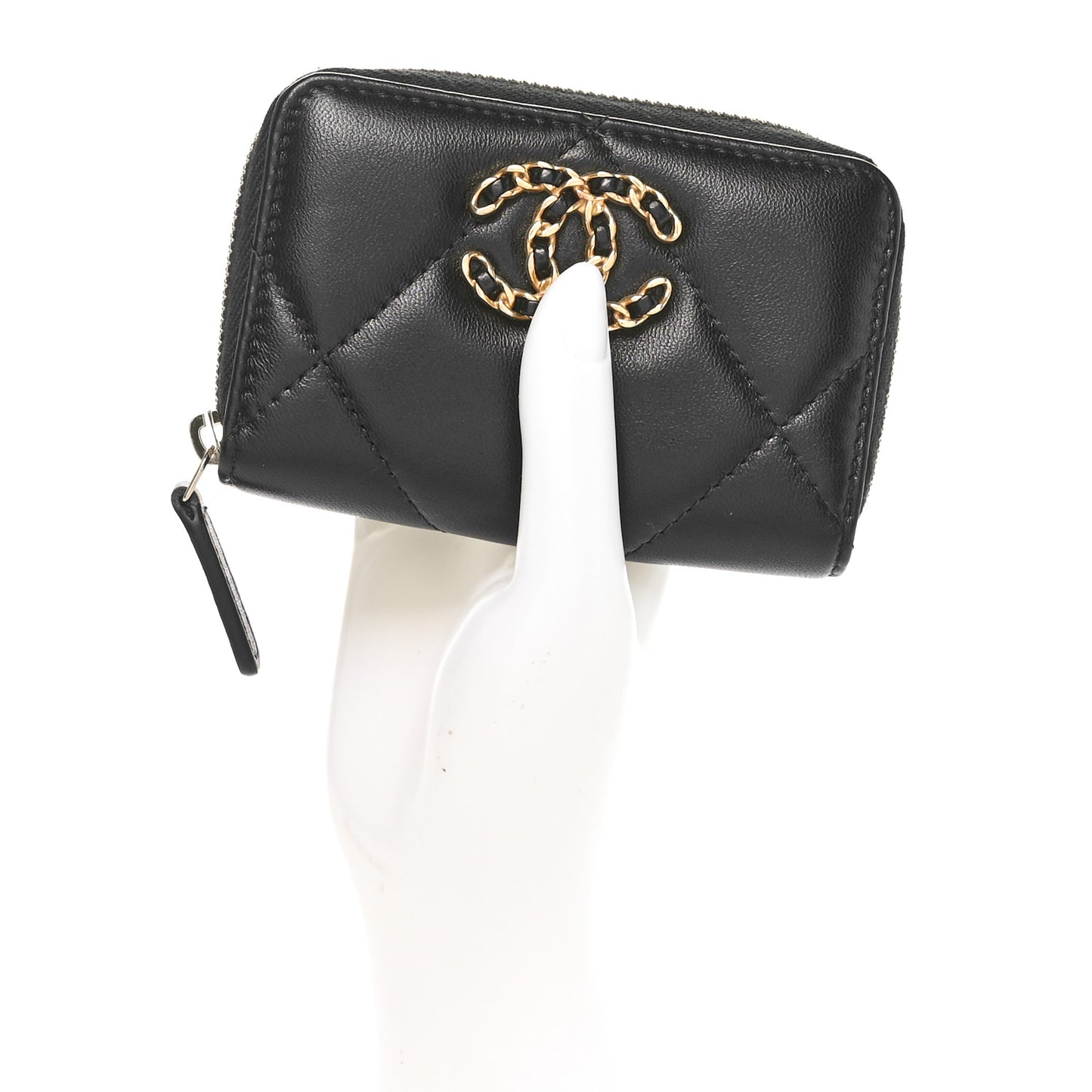 Lambskin Quilted Chanel 19 Zip Around Coin Purse Wallet Black