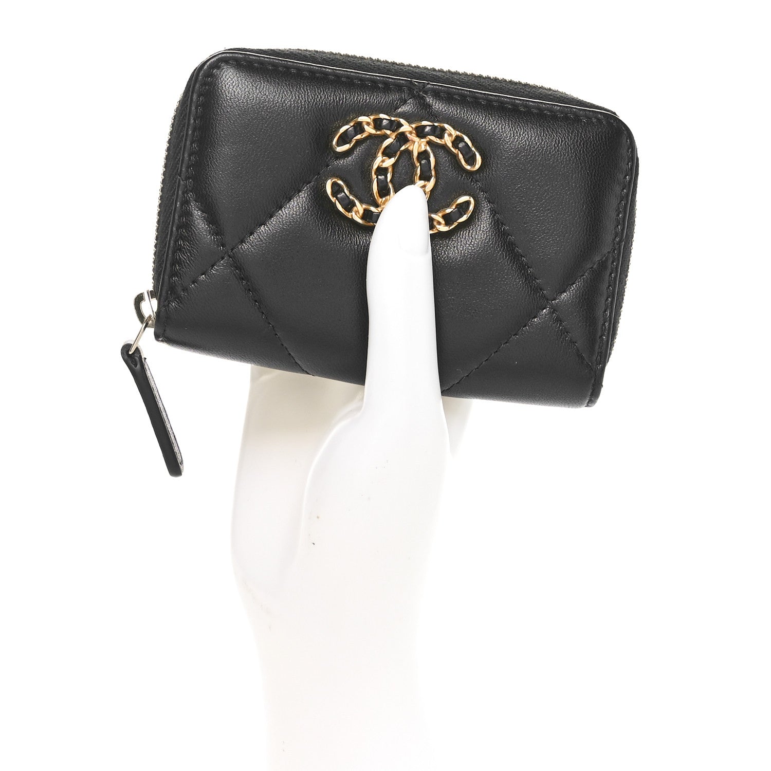 Chanel Lambskin Quilted Chanel 19 Zip Around Coin Purse Wallet Black 2 of 8
