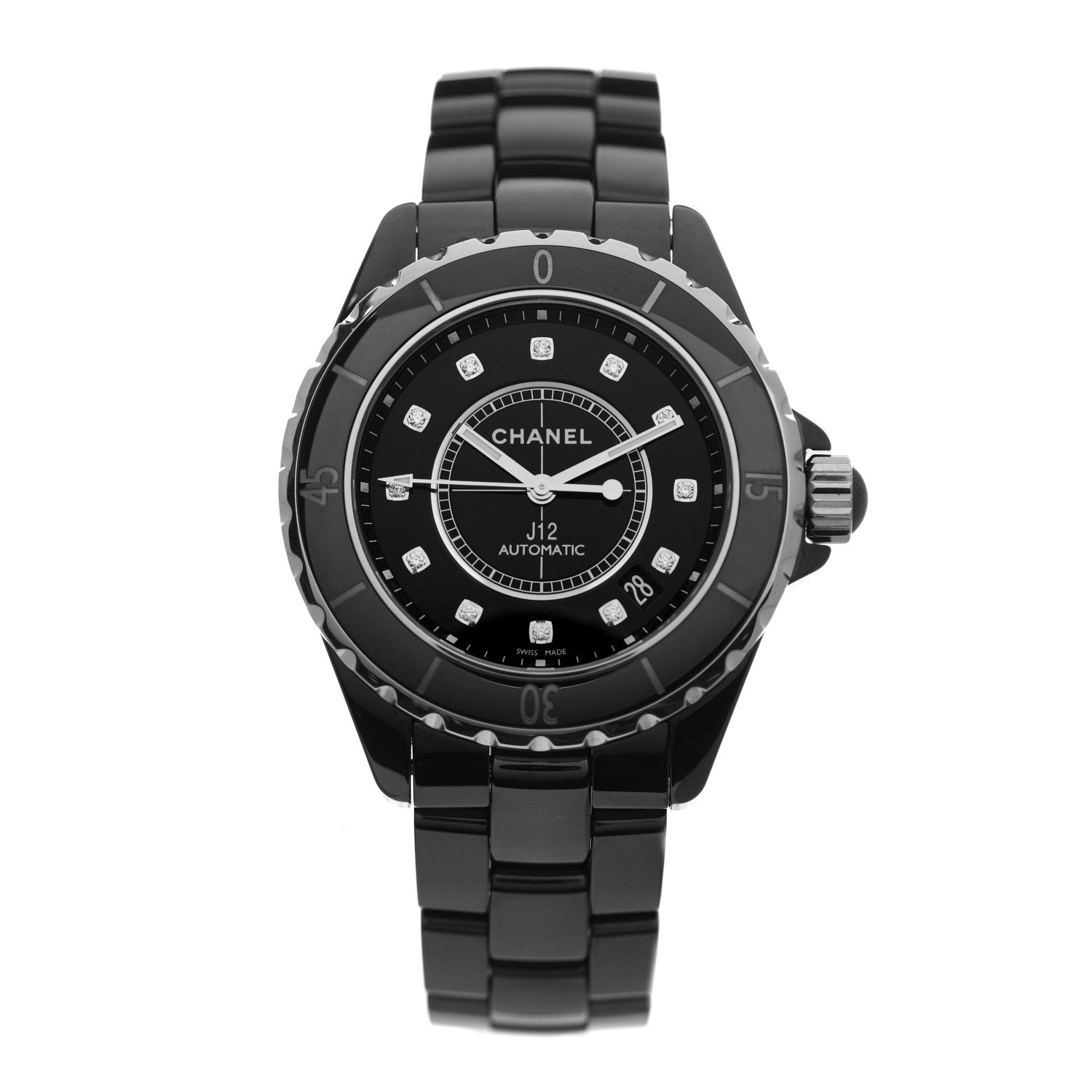 Chanel Stainless Steel Ceramic Diamond 38mm J12 Automatic Watch Black 1 of 5