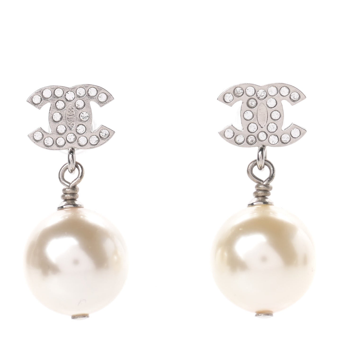 Crystal Pearl CC Drop Earrings Silver