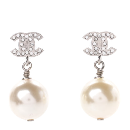 Chanel Crystal Pearl CC Drop Earrings Silver 1 of 6