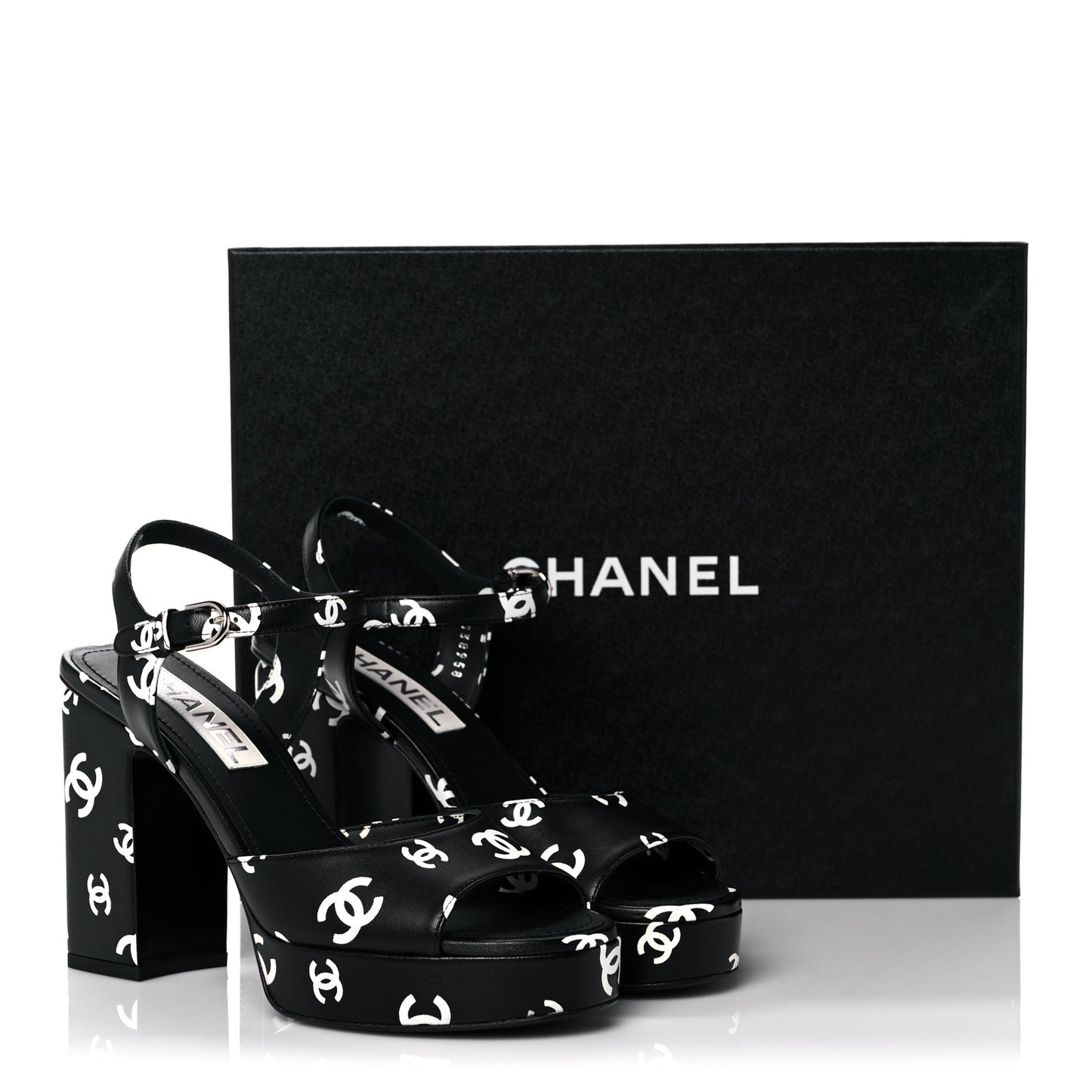 Printed Lambskin CC Platform Sandals 38 Black White