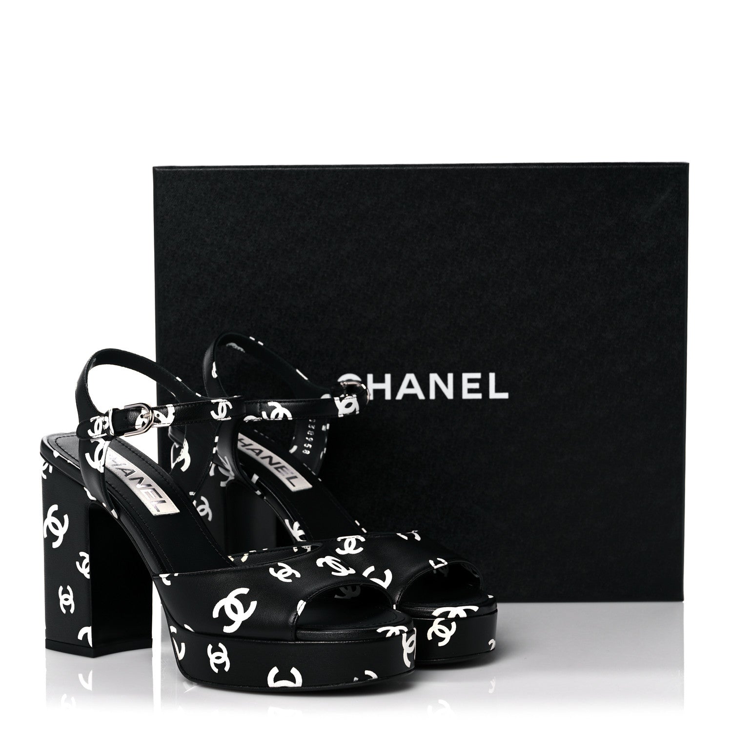 Chanel Printed Lambskin CC Platform Sandals 38 Black White 9 of 9