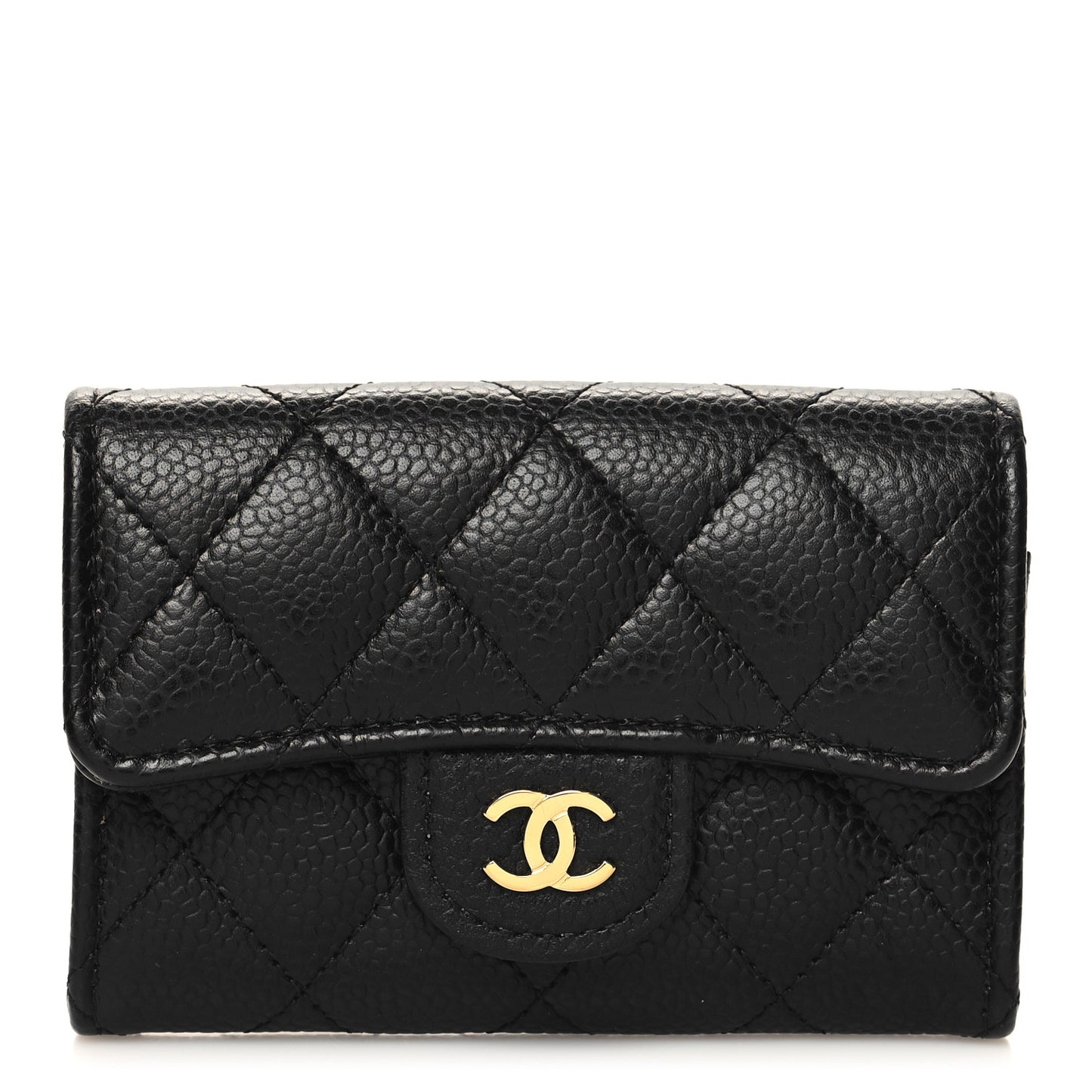 Caviar Quilted Flap Card Holder Wallet Black