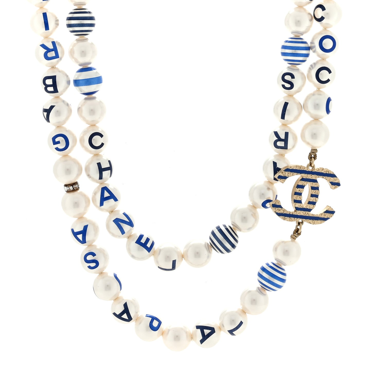 Graduated Resin Pearl Striped CC Logo Long Necklace White Blue