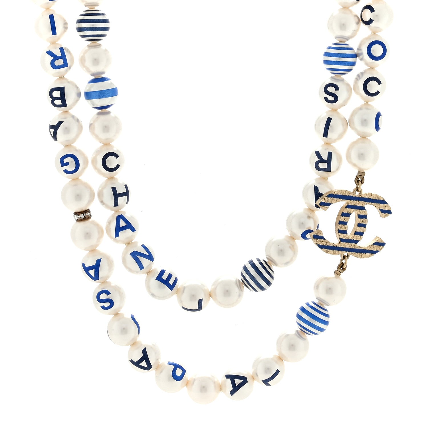 Chanel Graduated Resin Pearl Striped CC Logo Long Necklace White Blue 1 of 4
