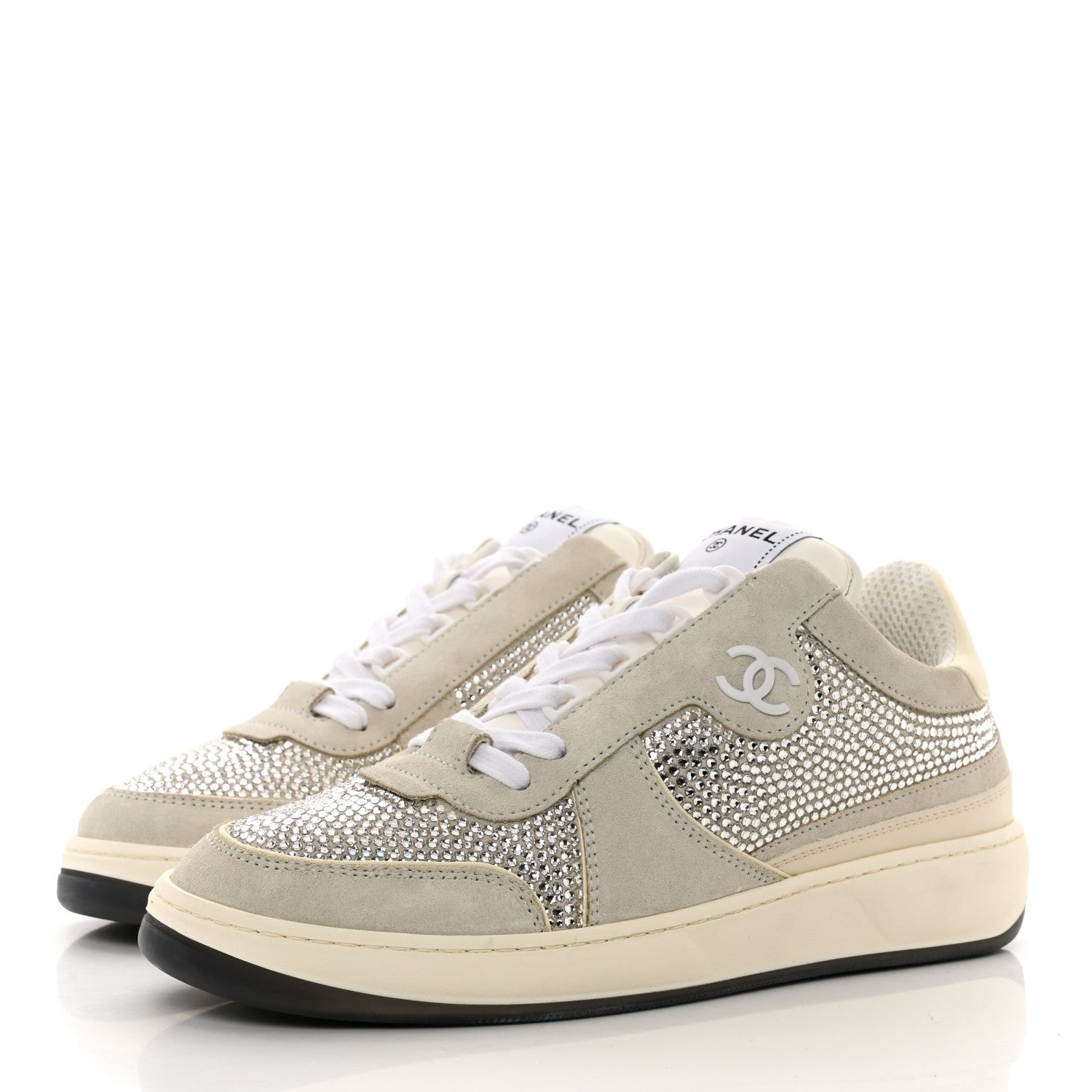 Chanel Calfskin Suede Crystal Womens CC Sneakers 40 White 3 of 9