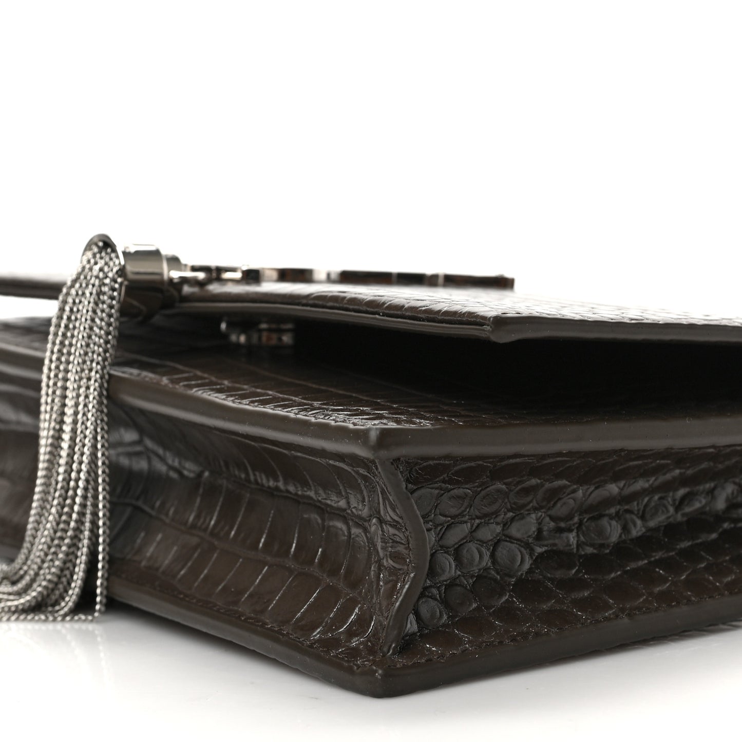 Calfskin Crocodile Embossed Kate Monogram Tassel Chain Wallet Dark Brown