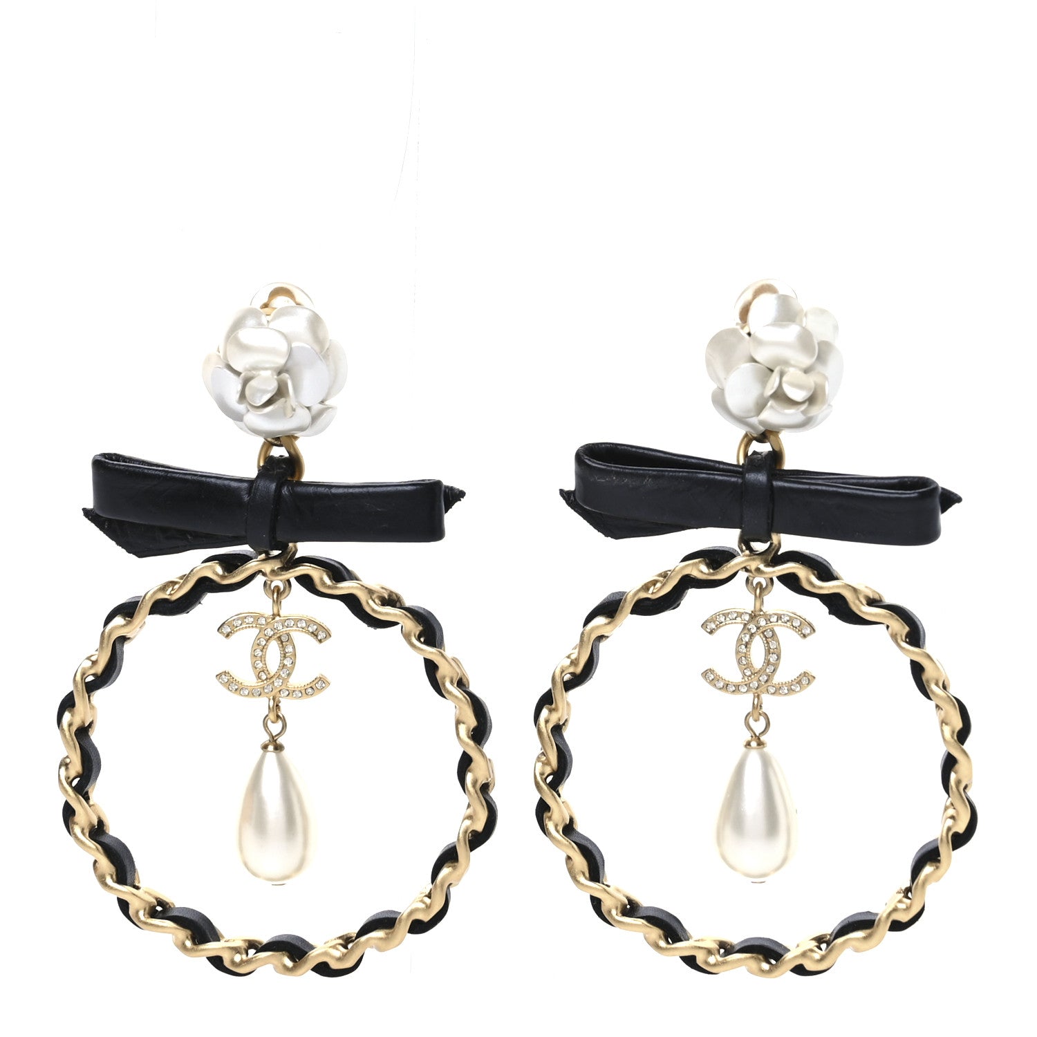 Chanel Calfskin Metal Pearl 90’s Camellia CC Hoop Earrings  Gold Black 1 of 4