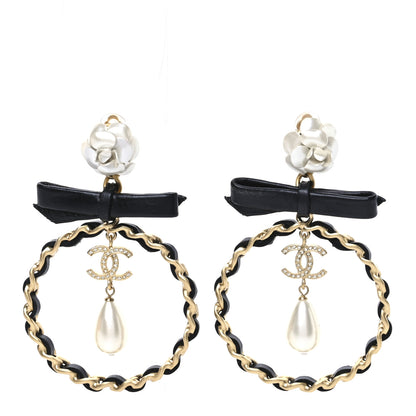 Chanel Calfskin Metal Pearl 90’s Camellia CC Hoop Earrings  Gold Black 1 of 4