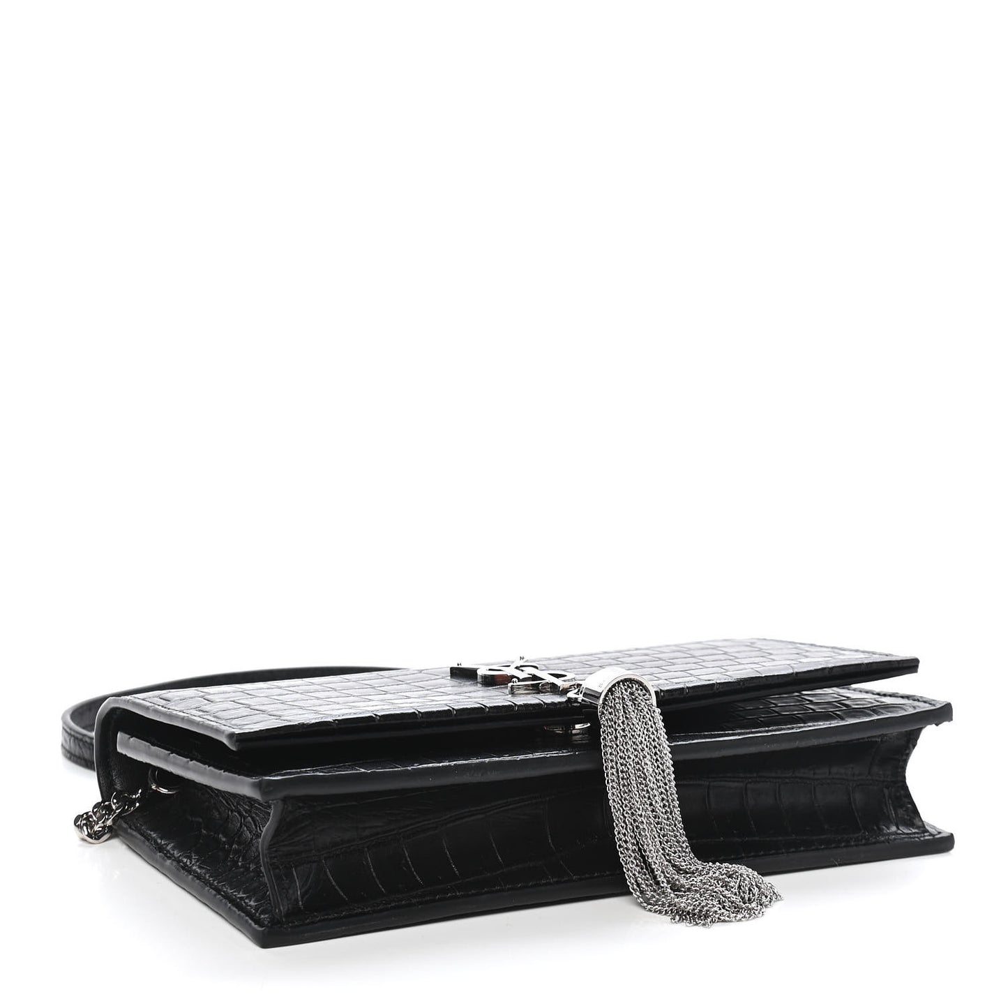 Calfskin Crocodile Embossed Kate Monogram Tassel Chain Wallet Black