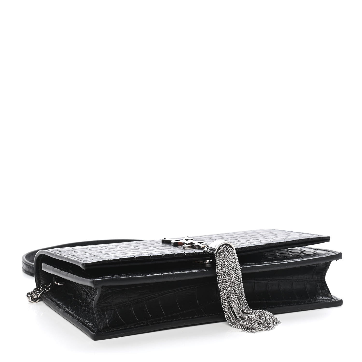 Saint Laurent Calfskin Crocodile Embossed Kate Monogram Tassel Chain Wallet Black 4 of 8