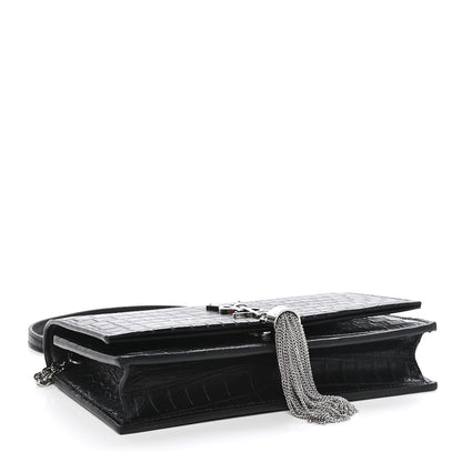 Saint Laurent Calfskin Crocodile Embossed Kate Monogram Tassel Chain Wallet Black 4 of 8