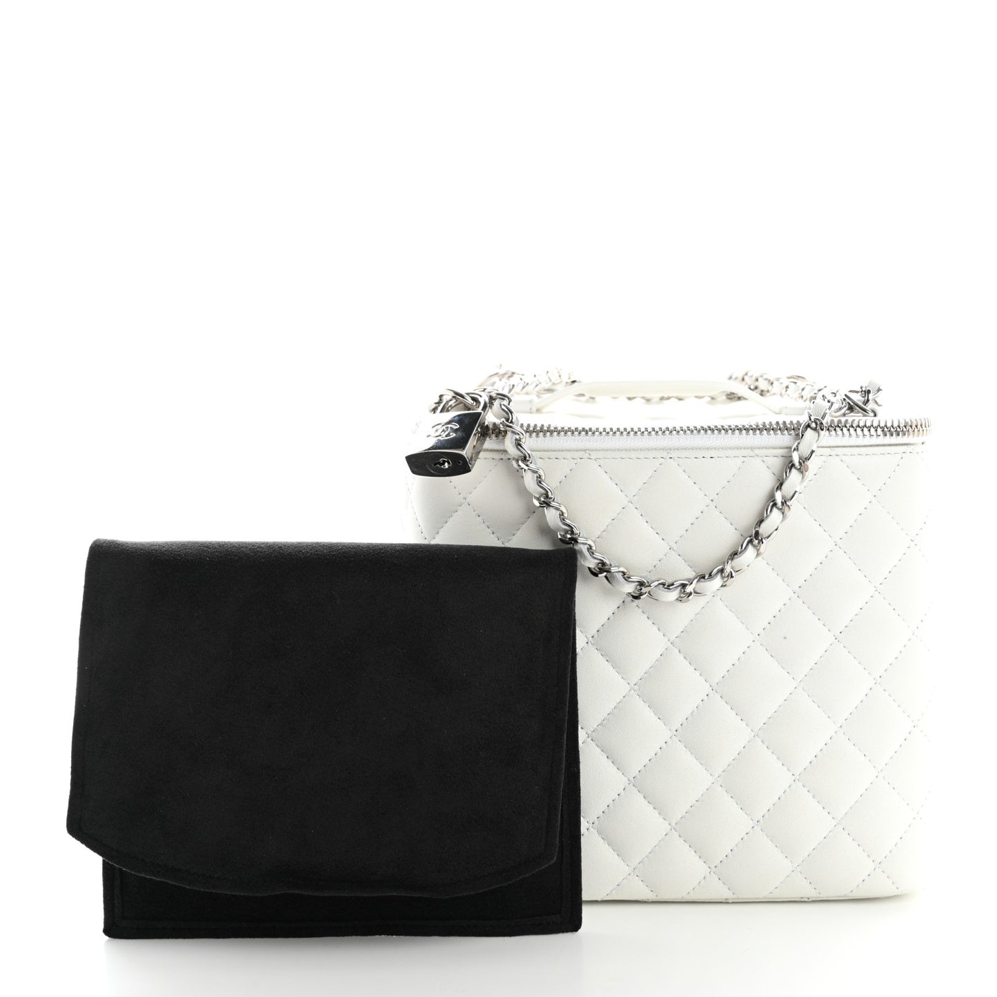 Lambskin Quilted Large Top Handle Jewelry Box With Chain White