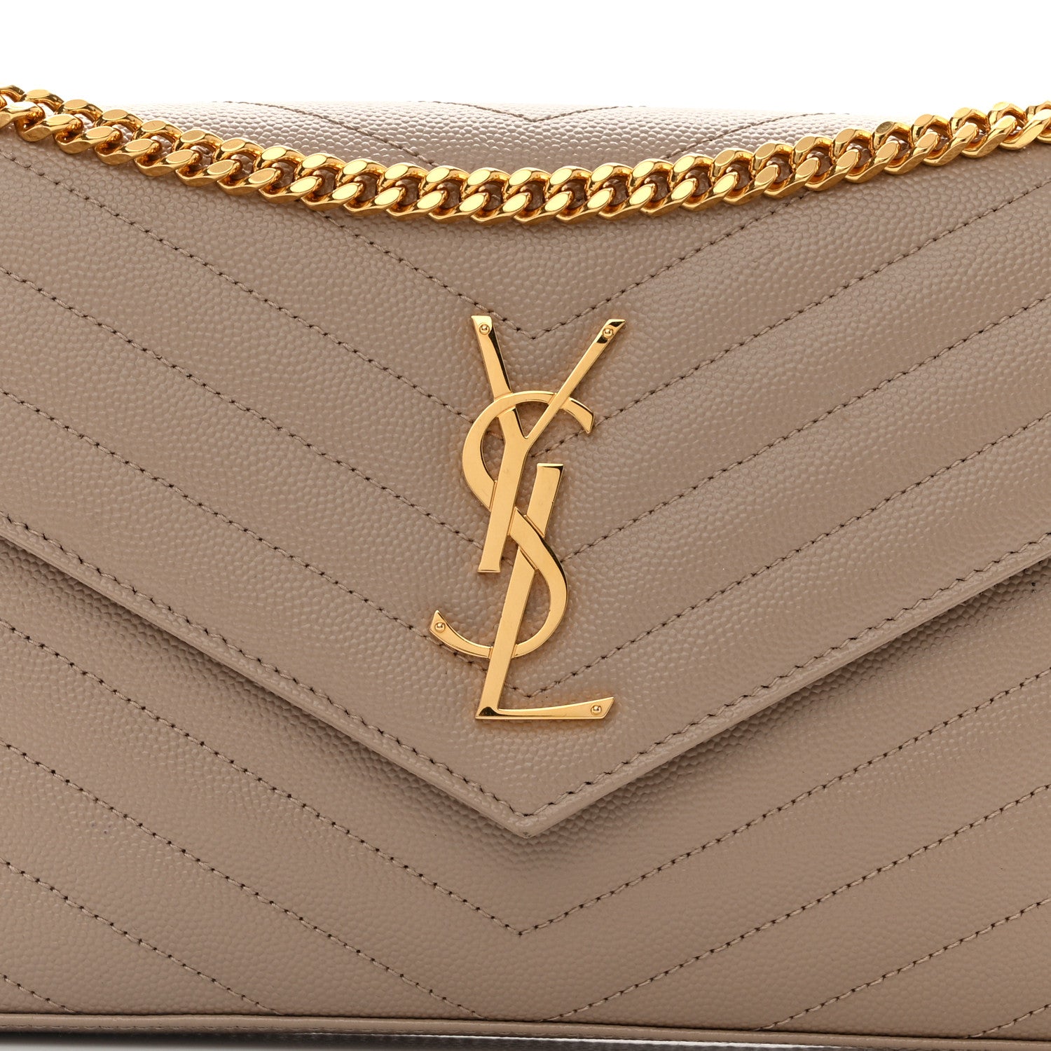 Saint Laurent Grain De Poudre Matelasse Chevron Monogram Chain Wallet Dark Beige 7 of 11