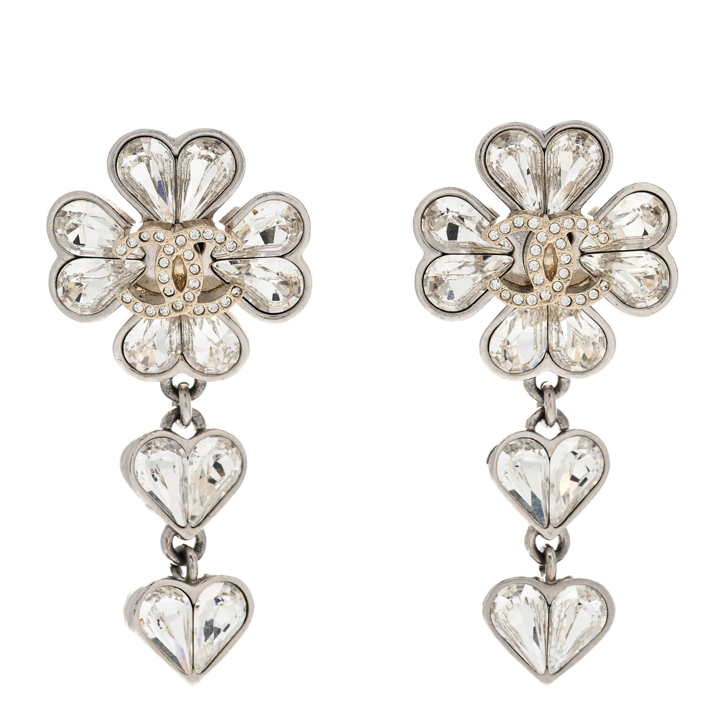 Crystal CC Clover Heart Drop Earrings Silver Gold