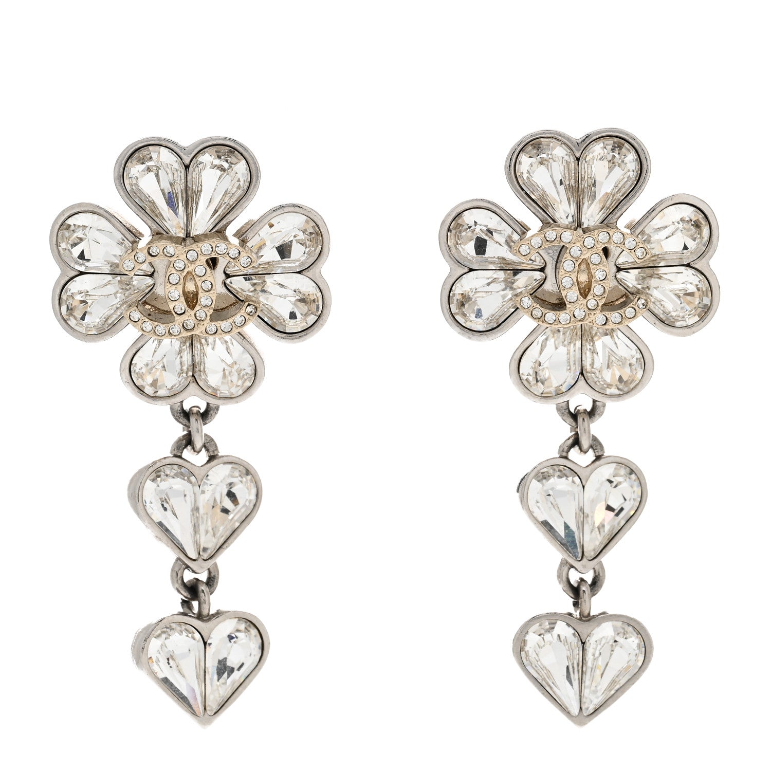 Chanel Crystal CC Clover Heart Drop Earrings Silver Gold 1 of 5