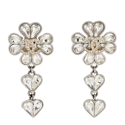 Chanel Crystal CC Clover Heart Drop Earrings Silver Gold 1 of 5