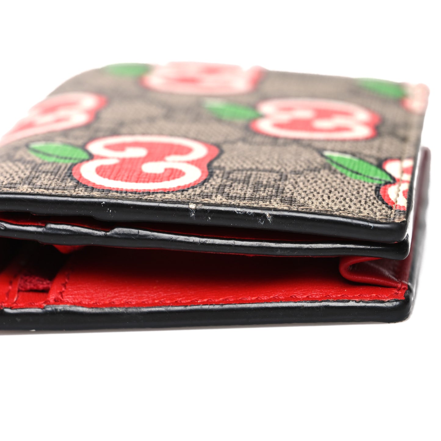 GG Supreme Monogram Apple Card Case Wallet Beige Multicolor Lobster Red