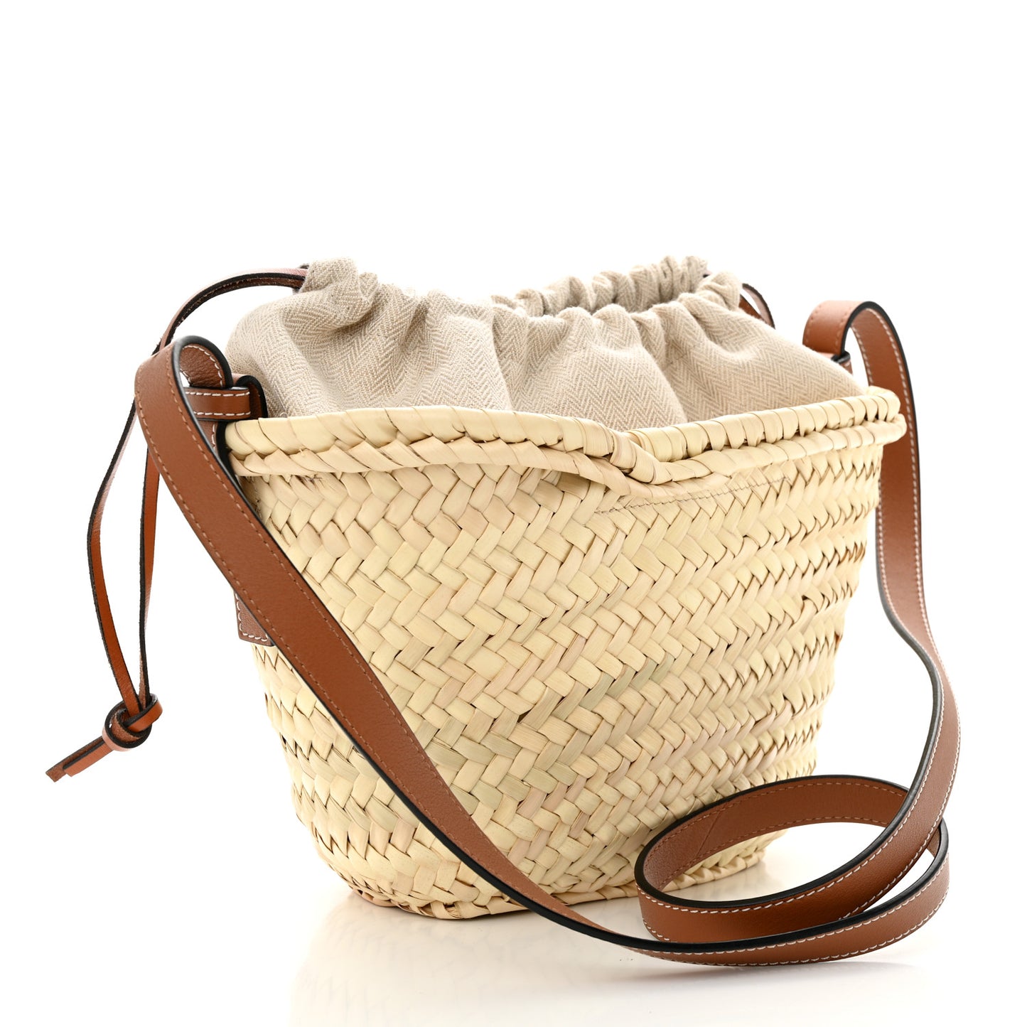 Leaf Palm Calfskin Mini Drawstring Bucket Bag Natural Tan