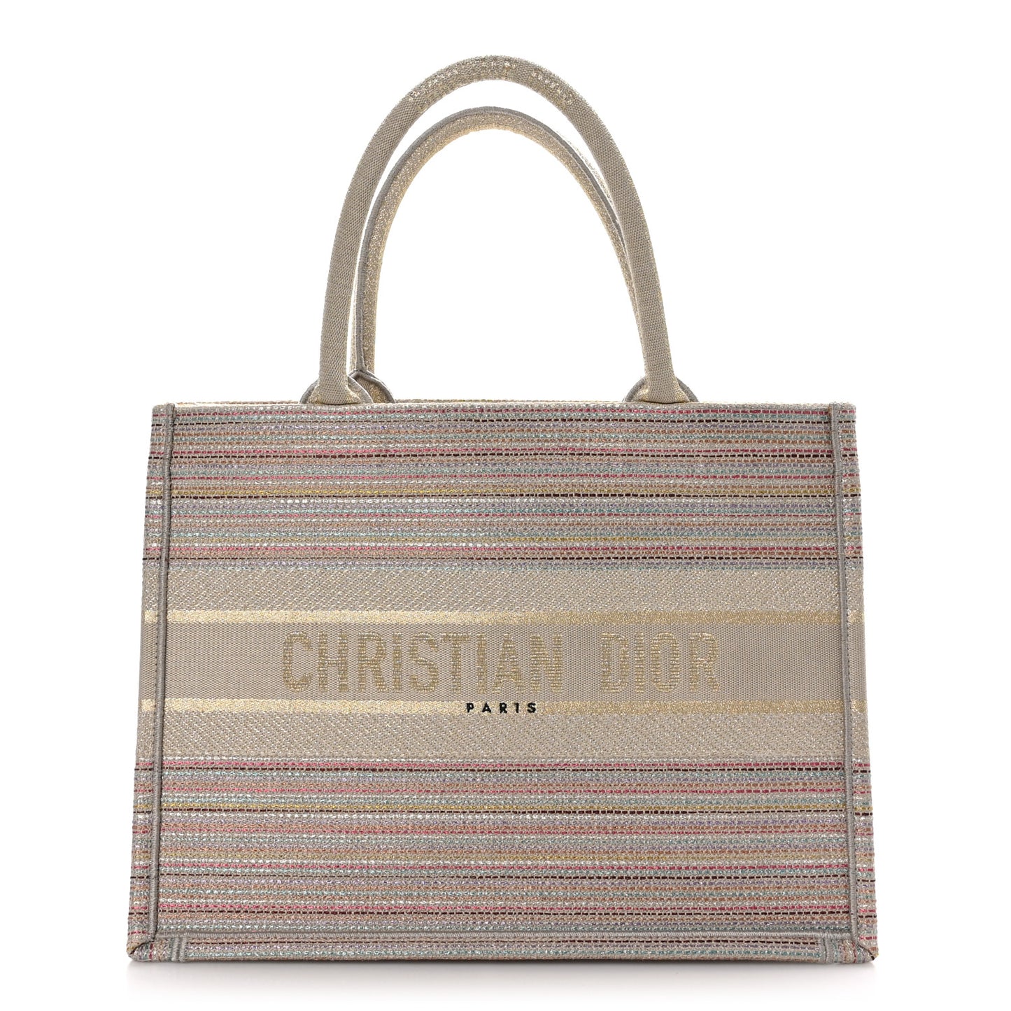 CHRISTIAN DIOR Canvas Embroidered Medium Stripes Book Tote Beige Multicolor