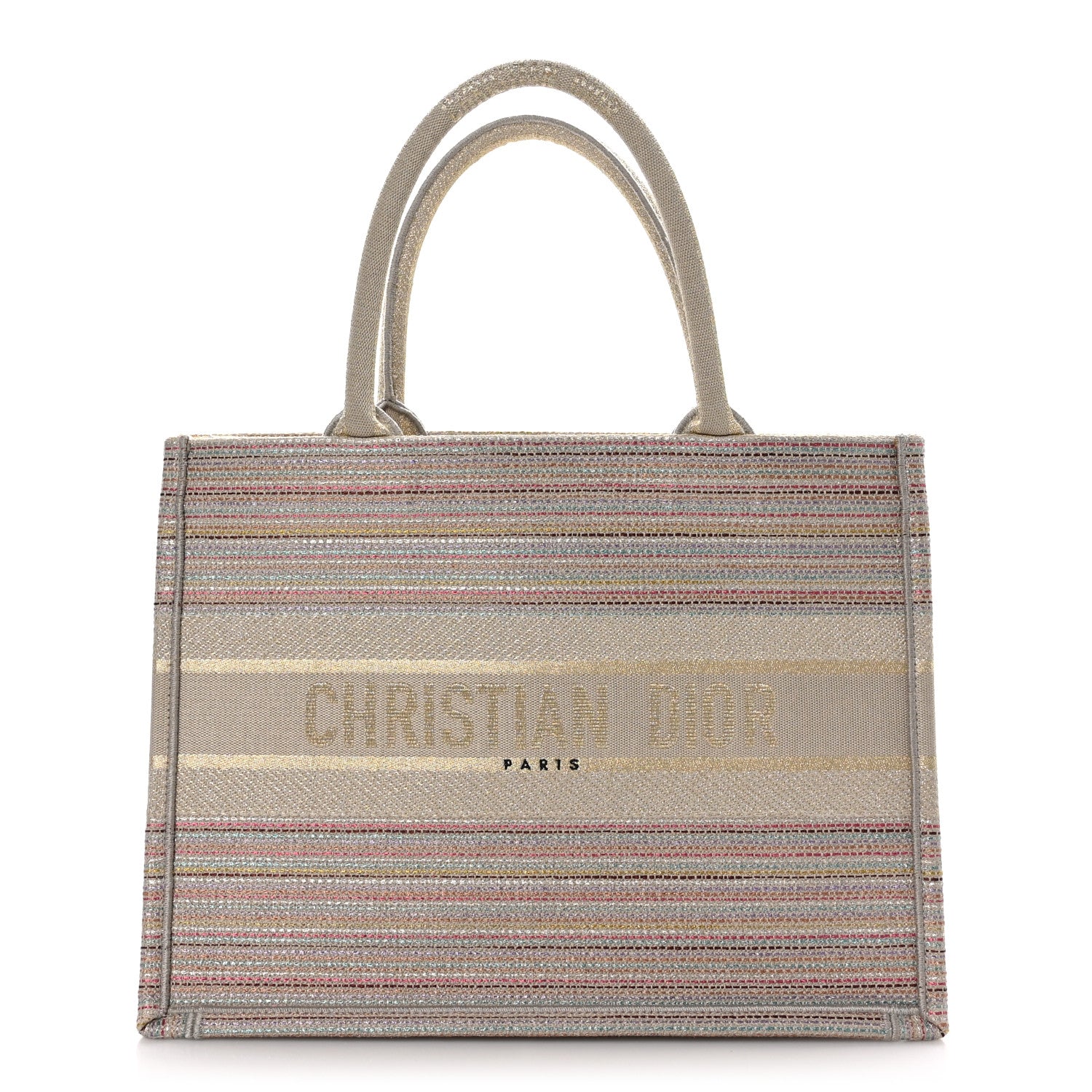 Christian Dior CHRISTIAN DIOR Canvas Embroidered Medium Stripes Book Tote Beige Multicolor 1 of 10