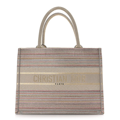 Christian Dior CHRISTIAN DIOR Canvas Embroidered Medium Stripes Book Tote Beige Multicolor 1 of 10