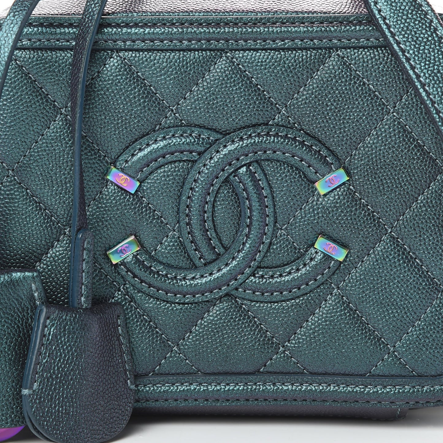 Iridescent Caviar Quilted Small CC Filigree Vanity Case Dark Turquoise