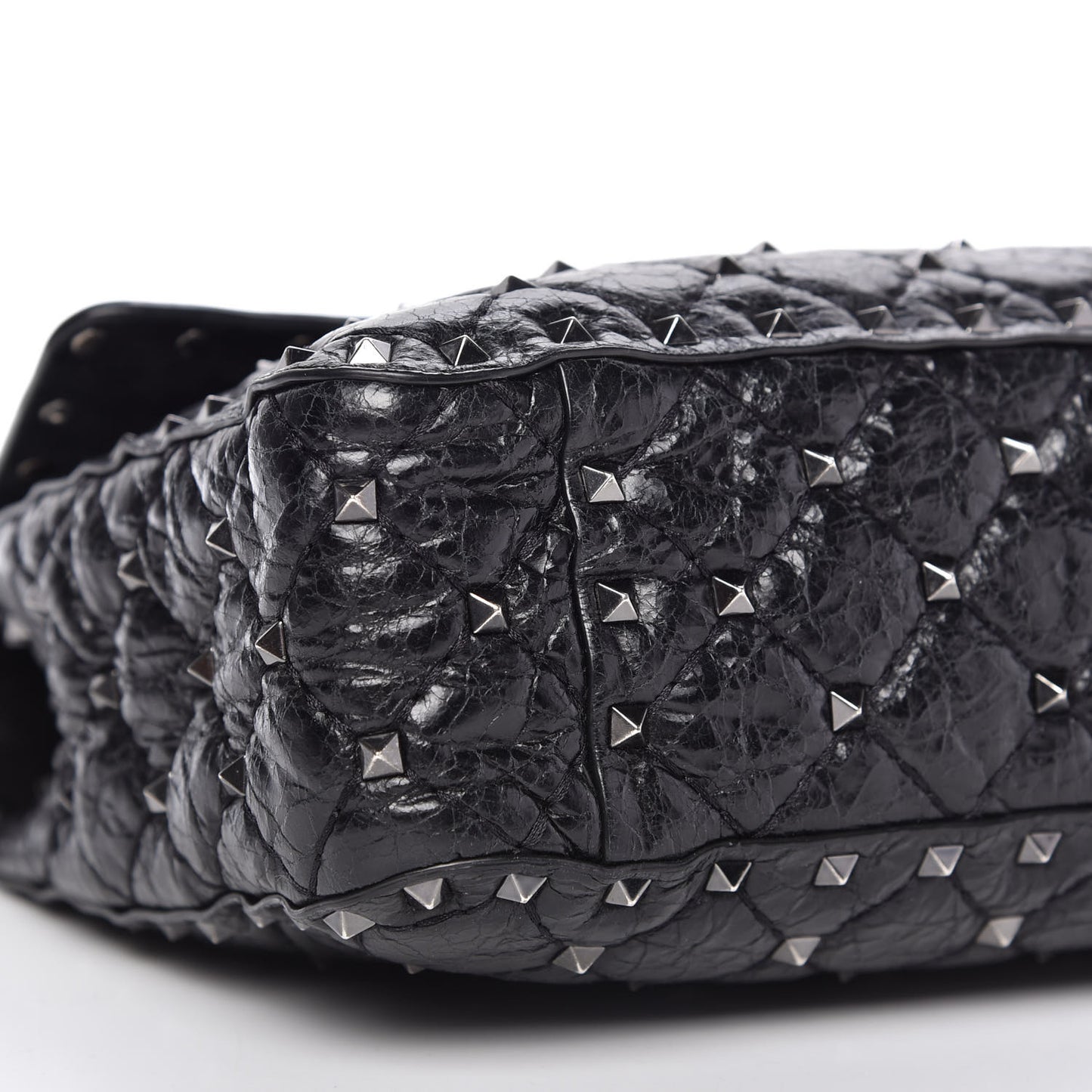 Craquele Nappa Medium Rockstud Spike Shoulder Bag Black