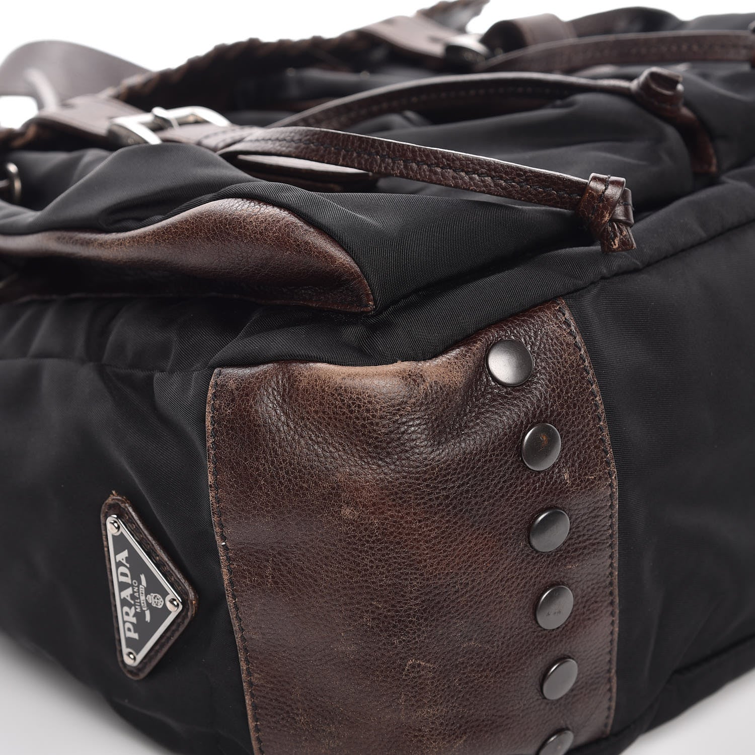 Prada Tessuto Nylon Calfskin Studded Shoulder Bag Bruciato 8 of 12