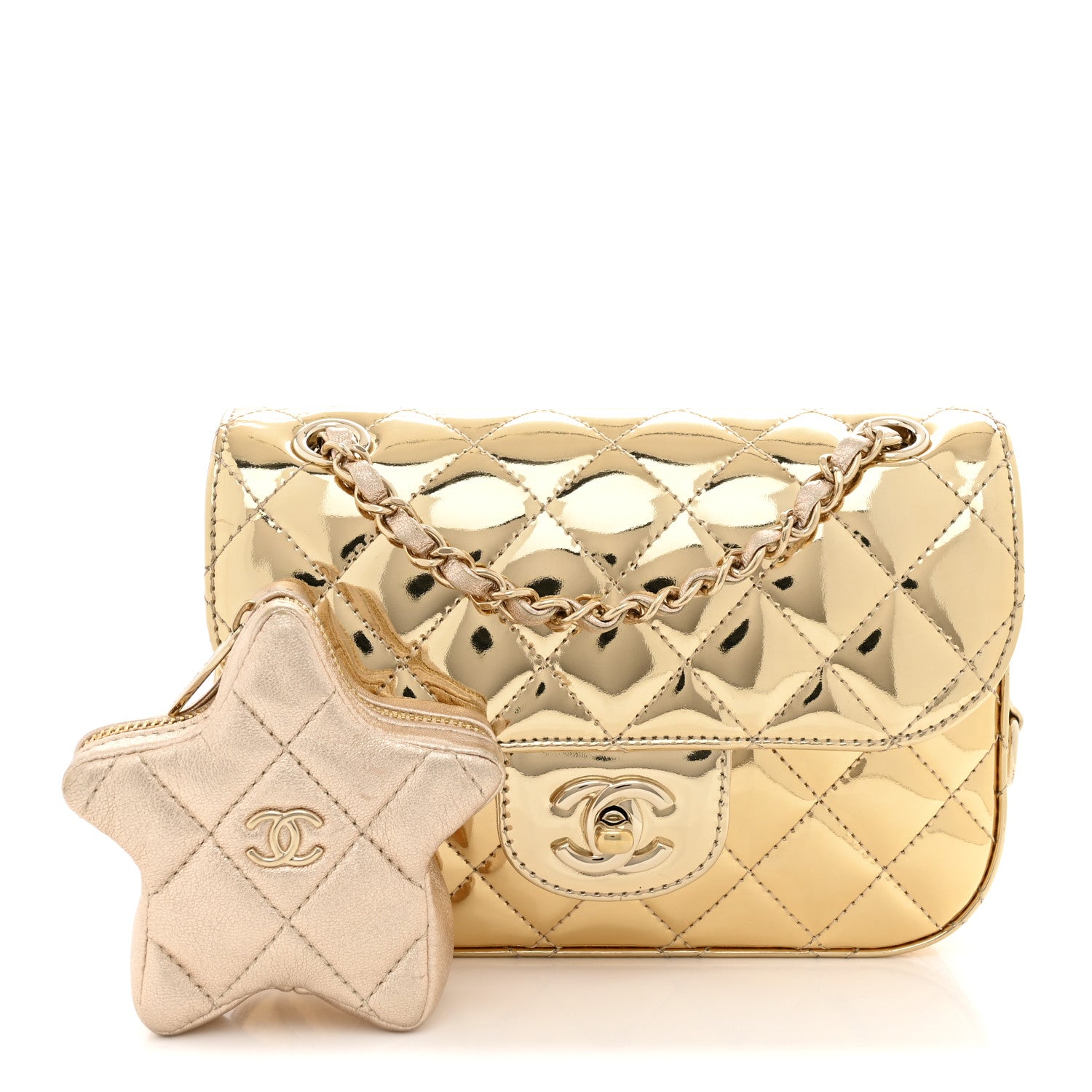 Chanel Mirror Calfskin Metallic Calfskin Quilted Hollywood Boulevard Mini Flap With Star Coin Purse Gold 3 of 12