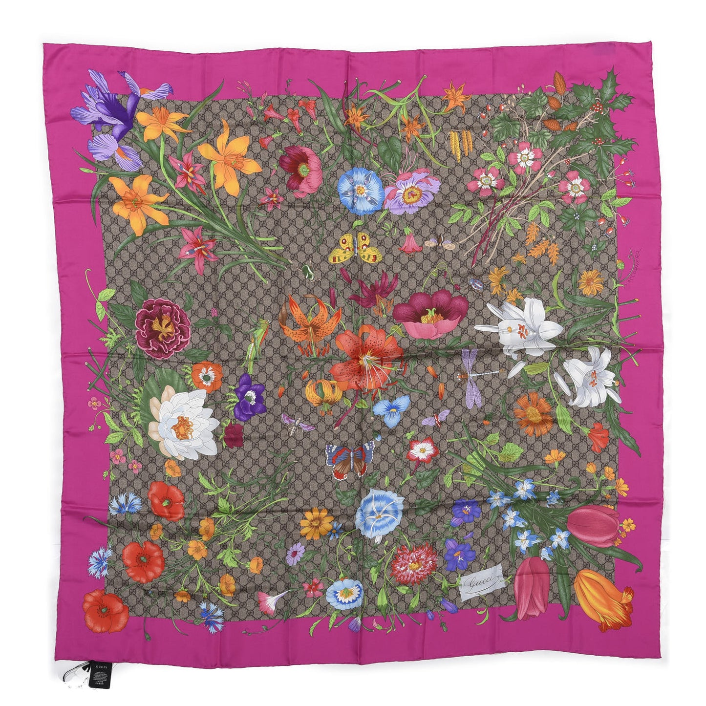 Silk Twill GG Monogram Flora Fluo GG Square Scarf Beige Pink