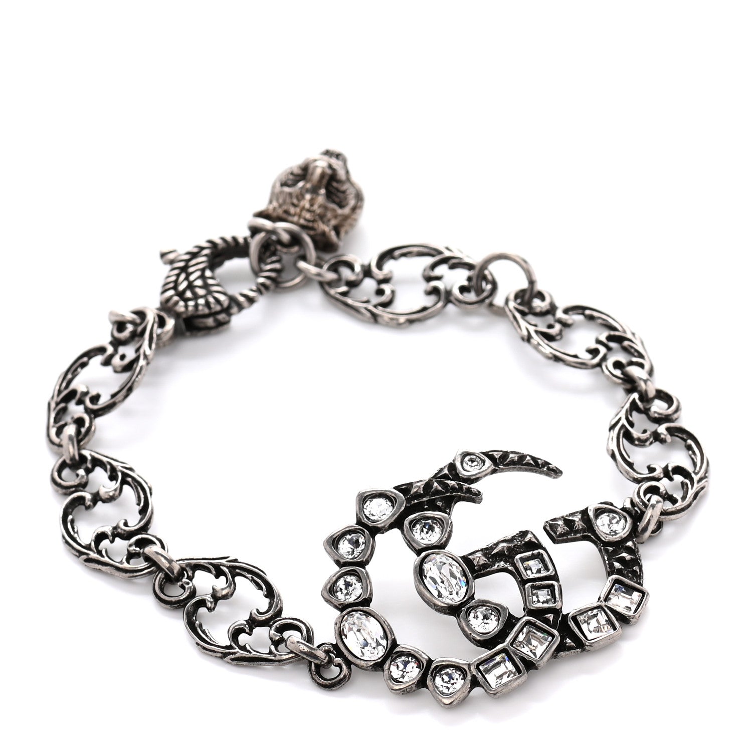 Gucci Oxidized Palladium Crystal Double G Bracelet Silver 1 of 5
