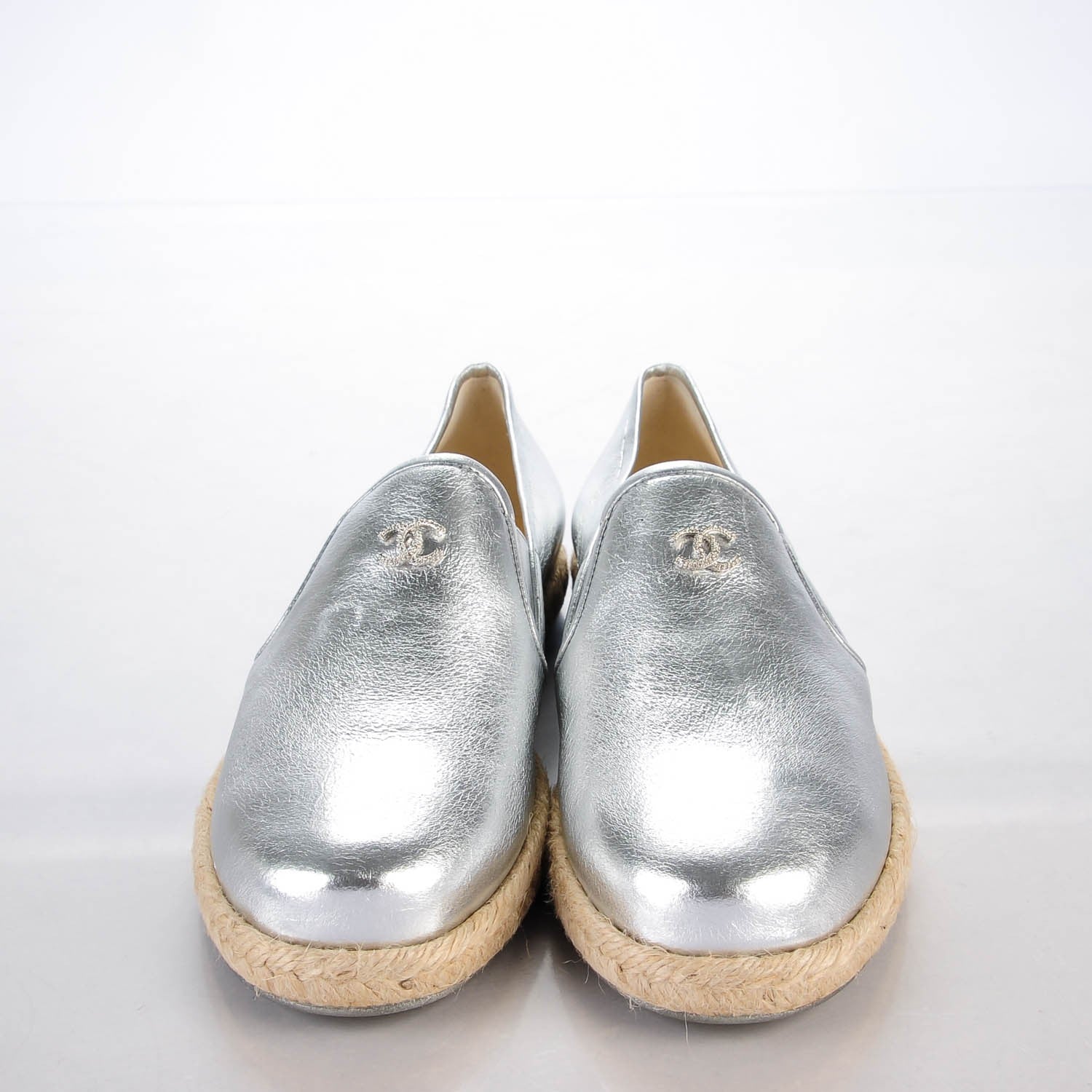 Chanel Metallic Lambskin CC Loafers 39 Silver 137725