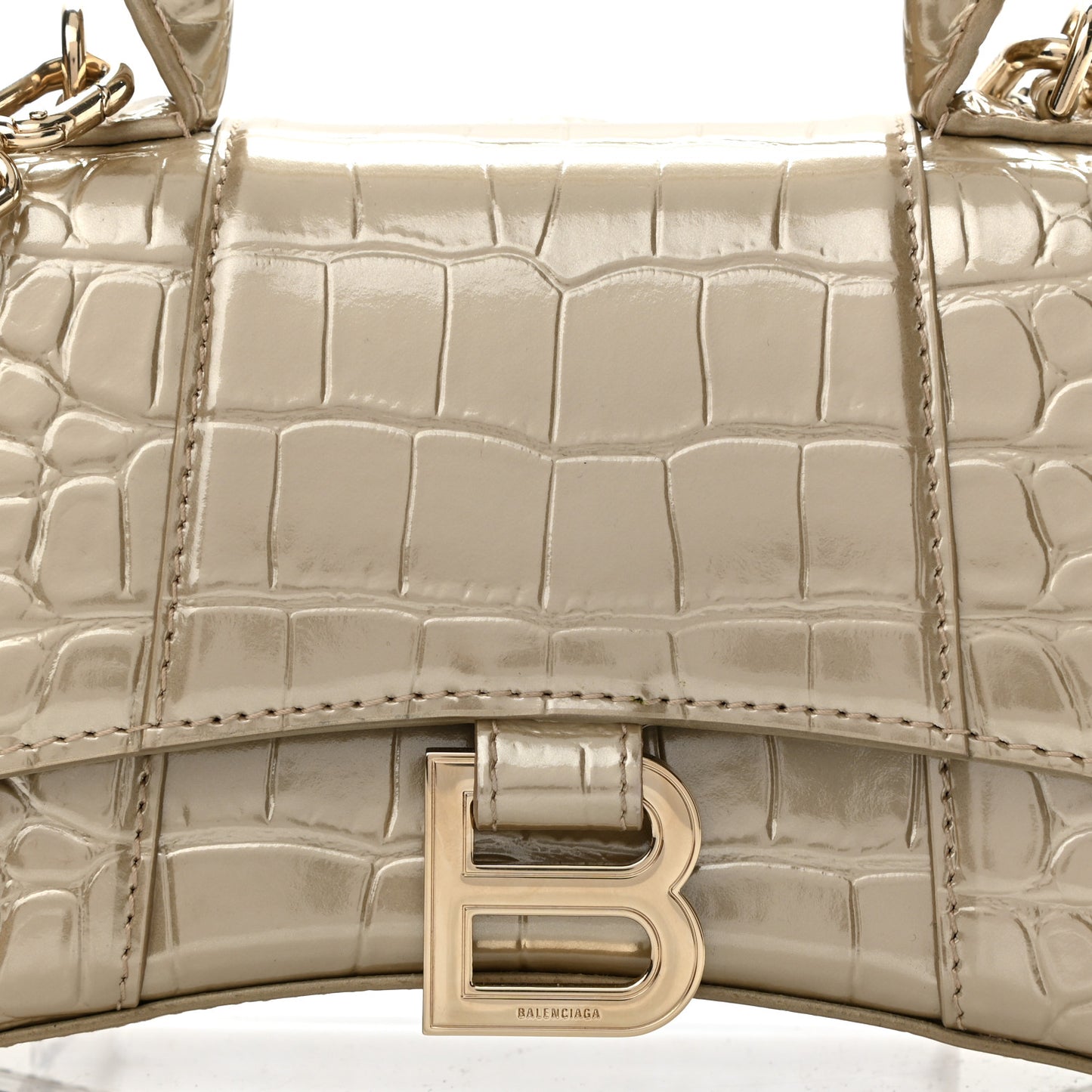 Metallic Shiny Calfskin Crocodile Embossed Hourglass Top Handle Bag XS Light Gold