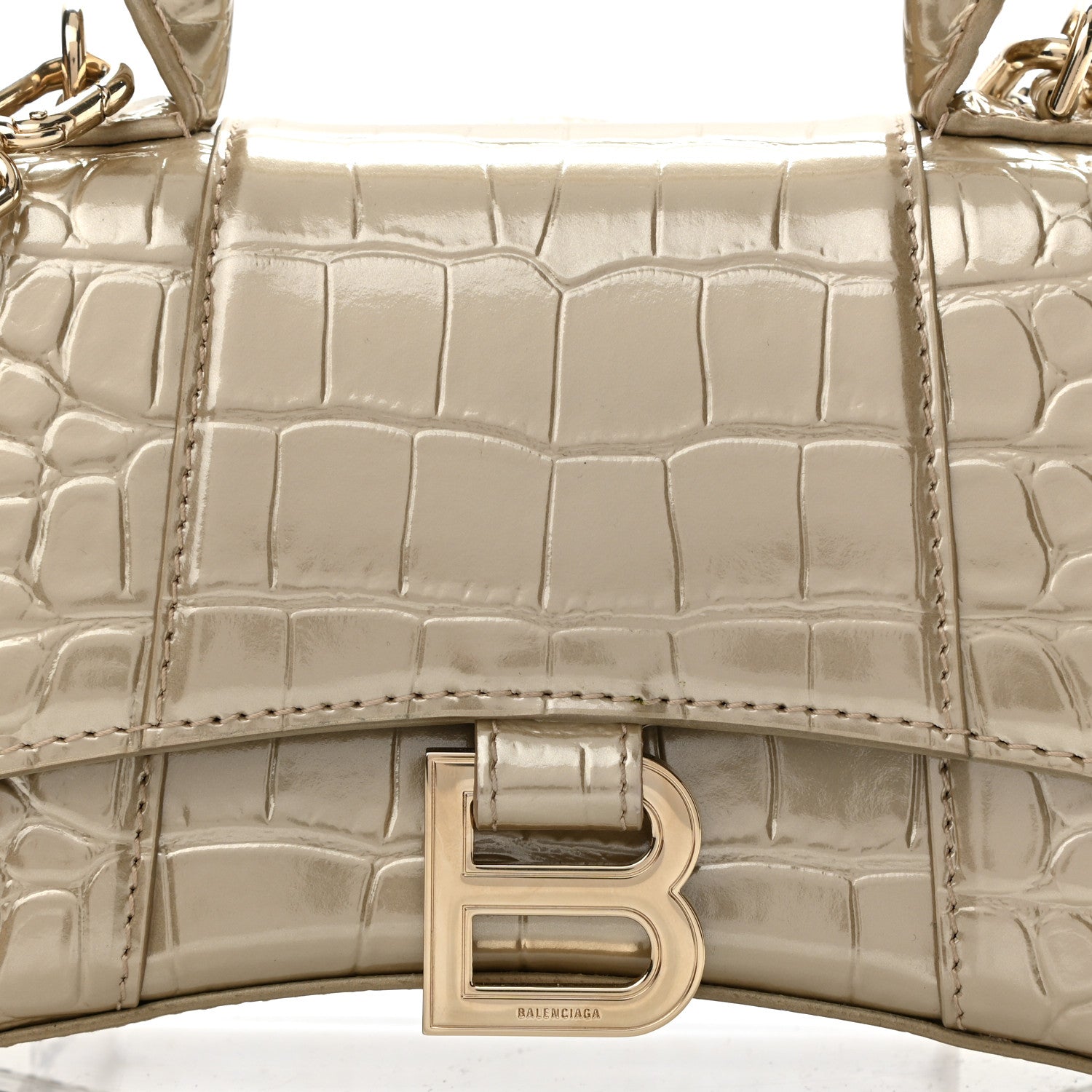 Balenciaga Metallic Shiny Calfskin Crocodile Embossed Hourglass Top Handle Bag XS Light Gold 9 of 13