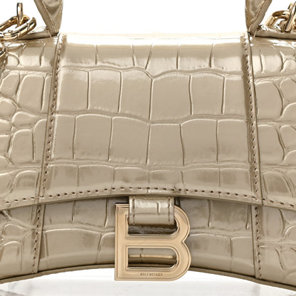 Balenciaga Metallic Shiny Calfskin Crocodile Embossed Hourglass Top Handle Bag XS Light Gold 9 of 13