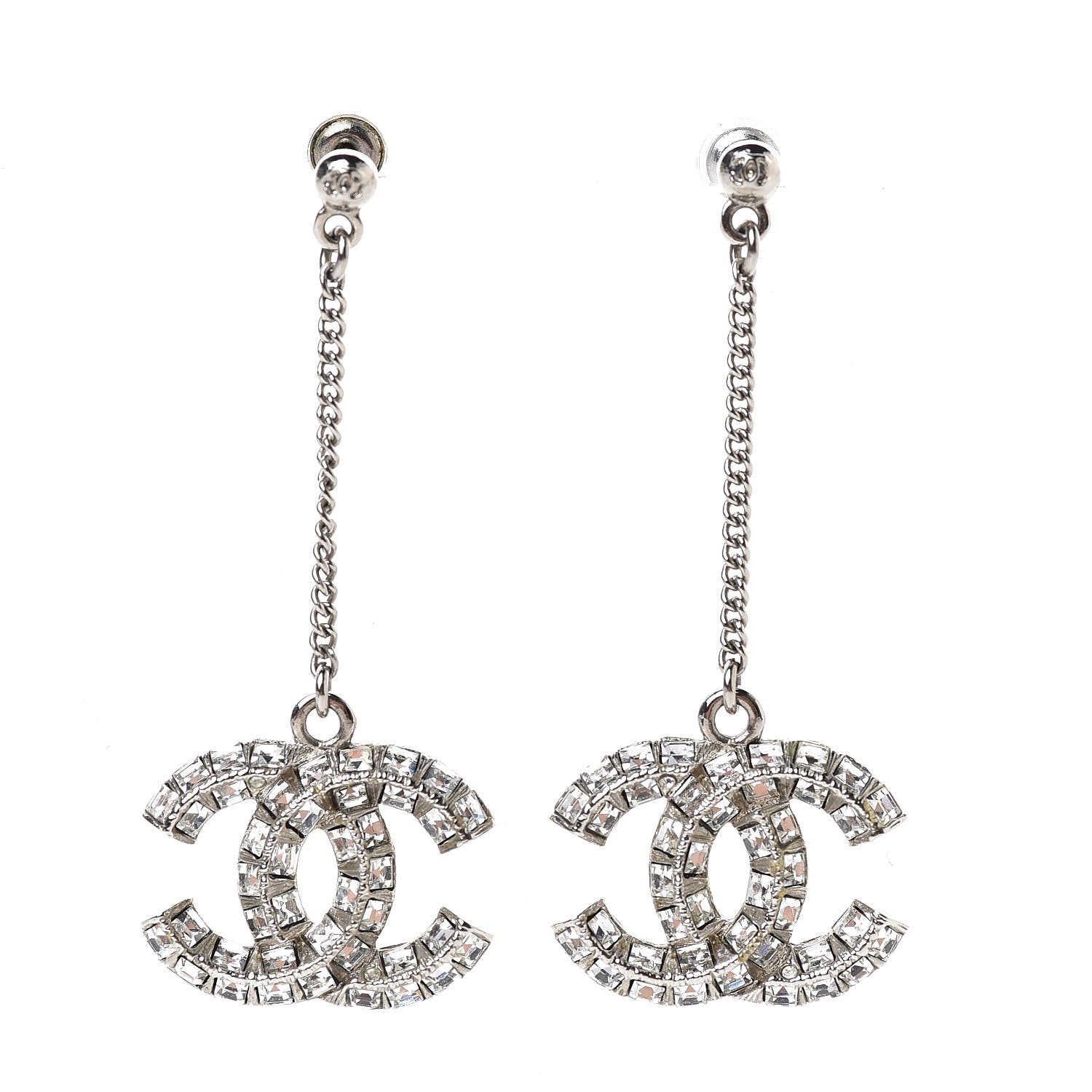 Chanel Baguette Crystal CC Drop Earrings Silver 1 of 4